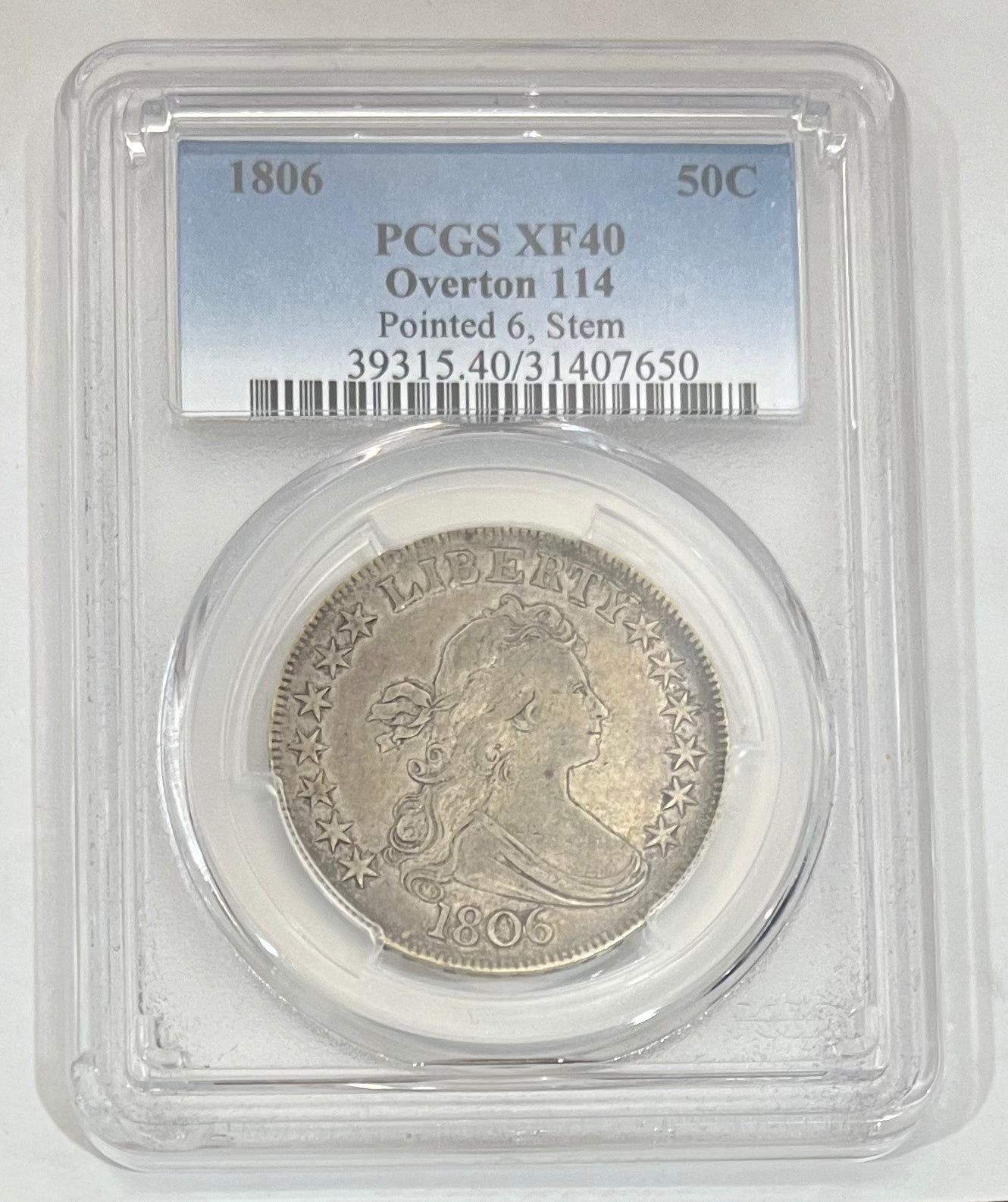 1806 50C PCGS XF40 Overton 114 Pointed 6 Stem