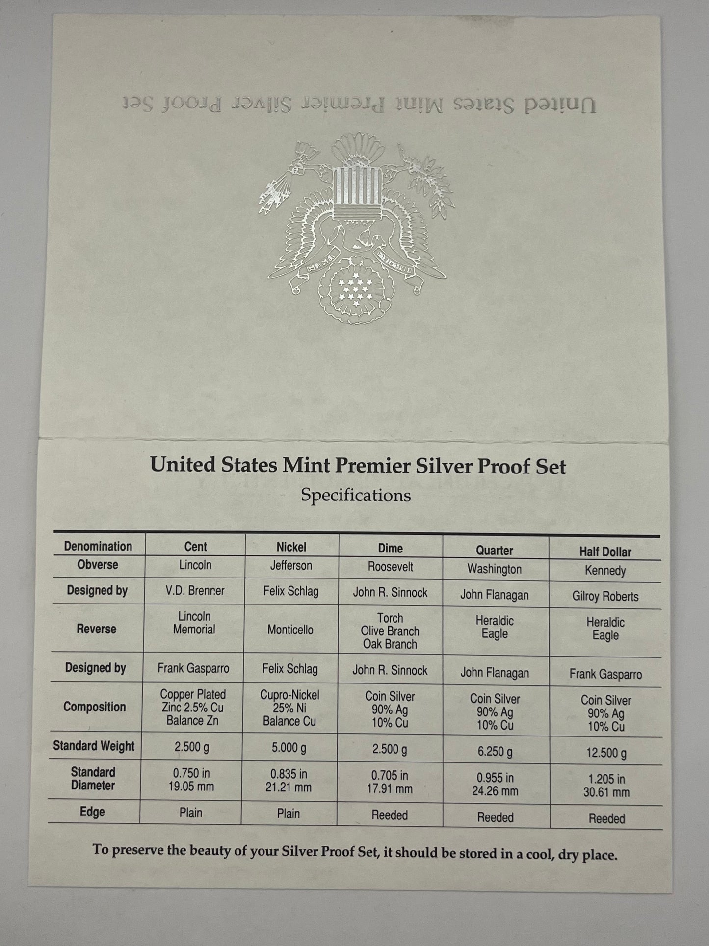 1992 United States Mint Premier Silver Proof Set