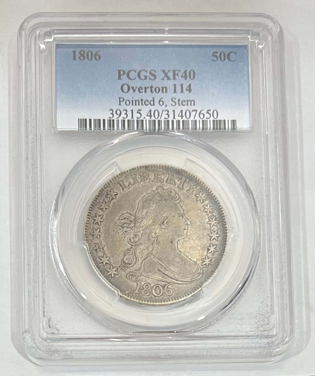 1806 50C PCGS XF40 Overton 114 Pointed 6 Stem