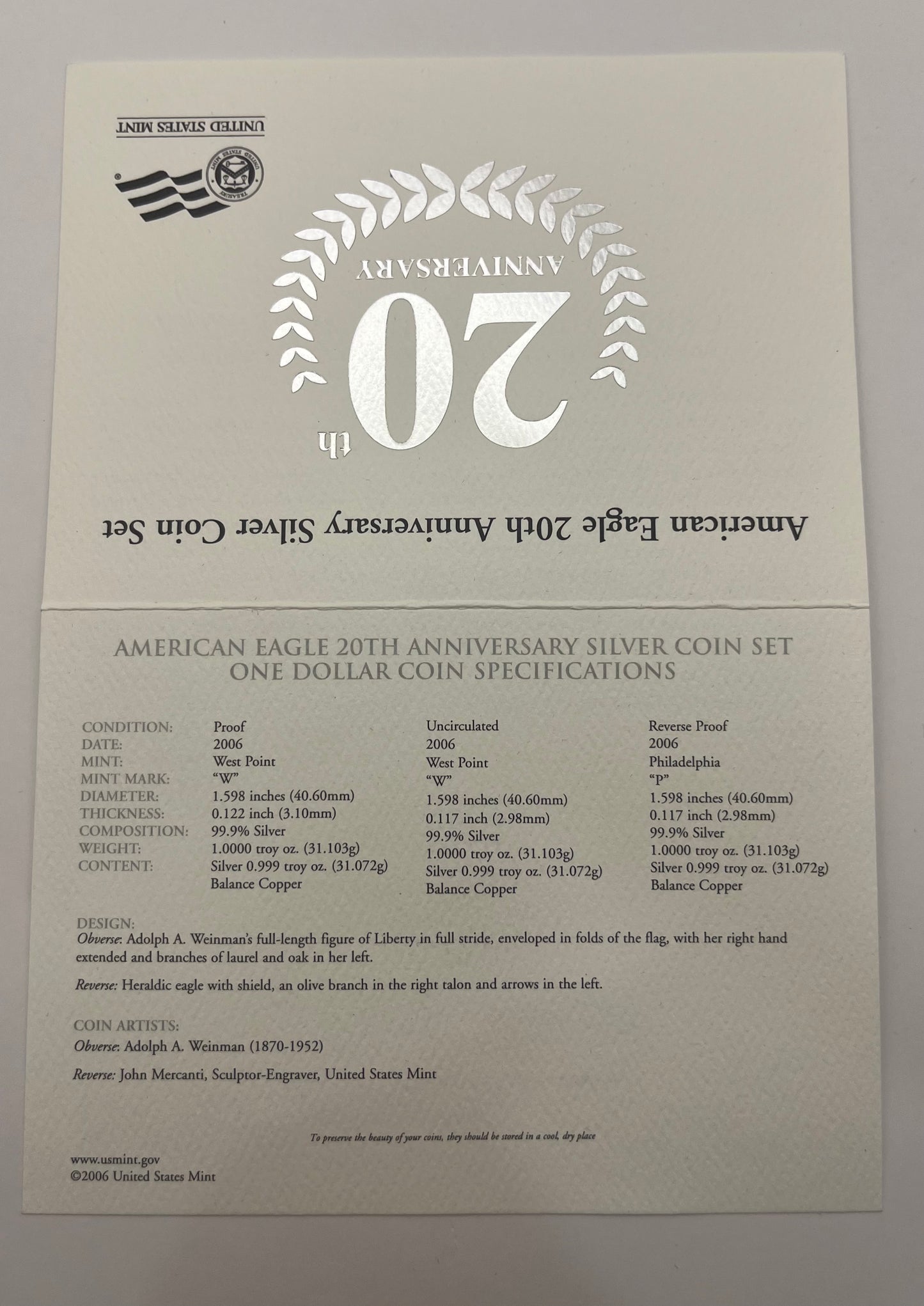 2006 American Eagle 20TH Anniversary Silver Coin Set